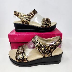 Alegria Morgyn Pretty Things Leather Floral Strap Wedge Sandals